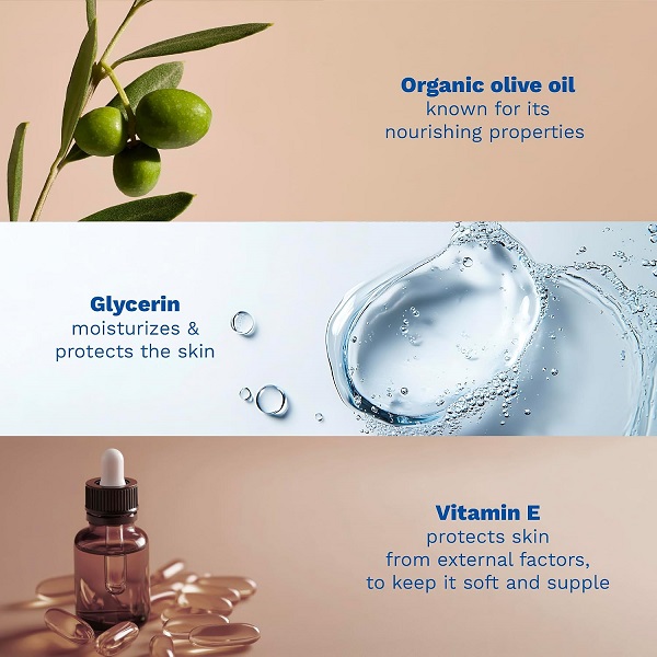 روغن زیتون ارگانیک، گلیسیرین و ویتامین E